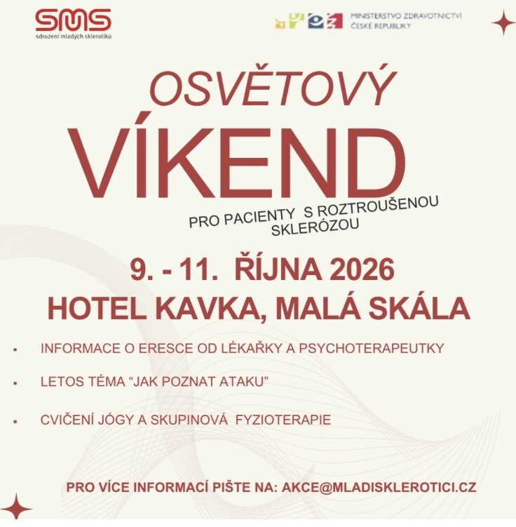 Leták osvětového víkendu pro pacienty s roztroušenou sklerózou - 9. až 11. října 2026, hotel Kavka, Malá Skála